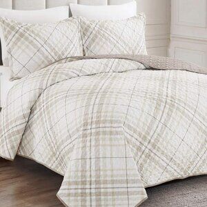 New 3 PC Beige Taupe Brown Plaid Reversible Quilt Set • KING Size
